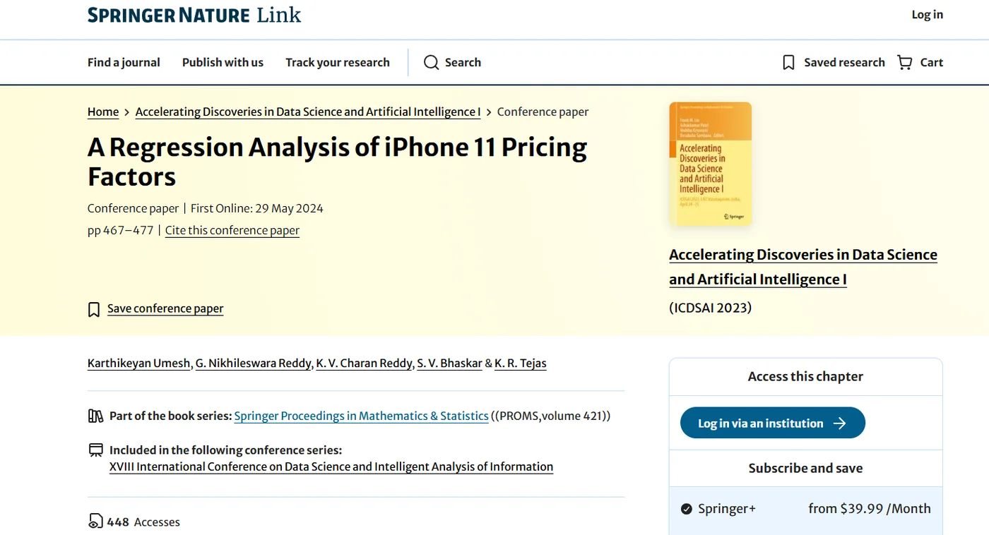Springer Link page for "A Regression Analysis of iPhone 11 Pricing Factors"